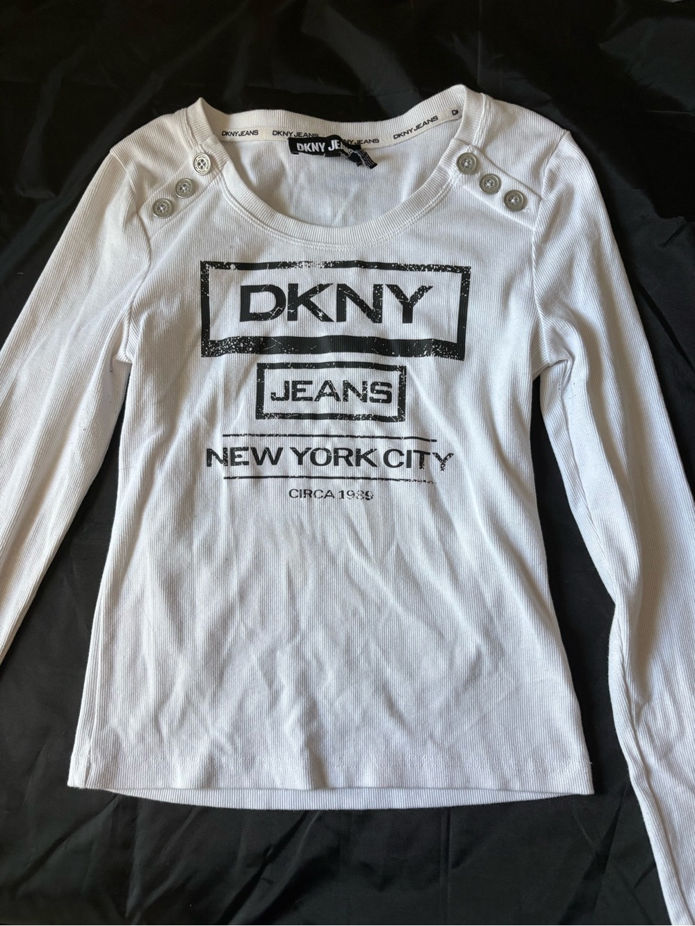 DKNY White Long Sleeve Logo Tee with Shoulder Buttons